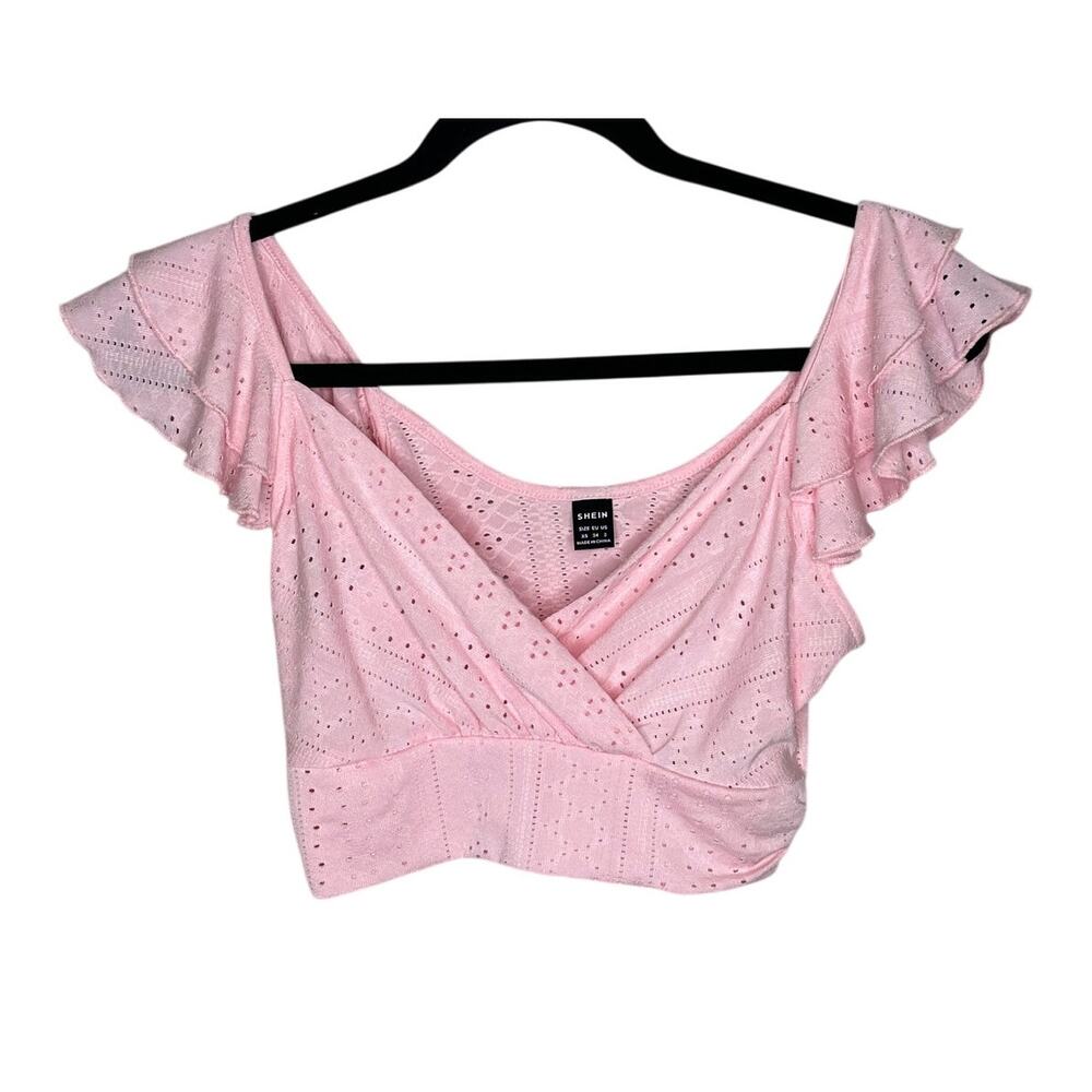 Shein Pink Eyelet Ruffled Cropped Blouse V-Neck Short Sleeve Summer Top XS